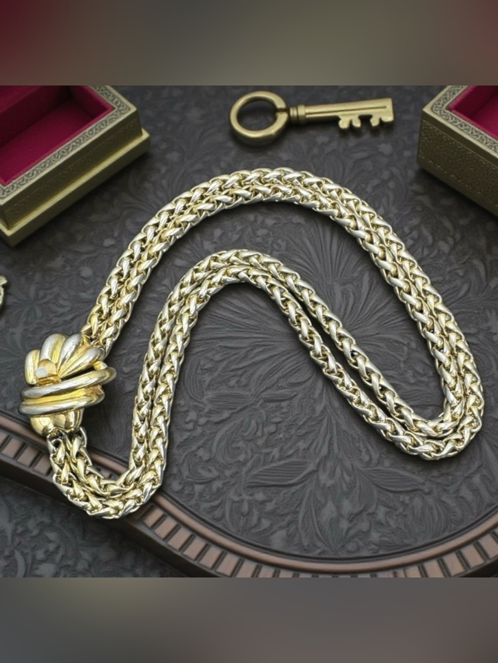 GIVENCHY Signed Vintage Double Wheat Chain Statement Choker-Style Necklace